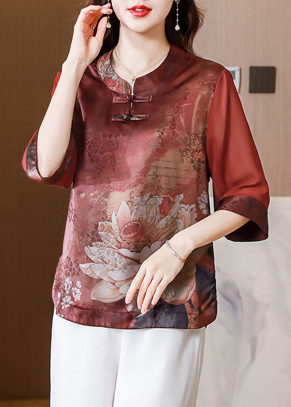 Casual Red Stand Collar Print Patchwork Silk Blouses Summer