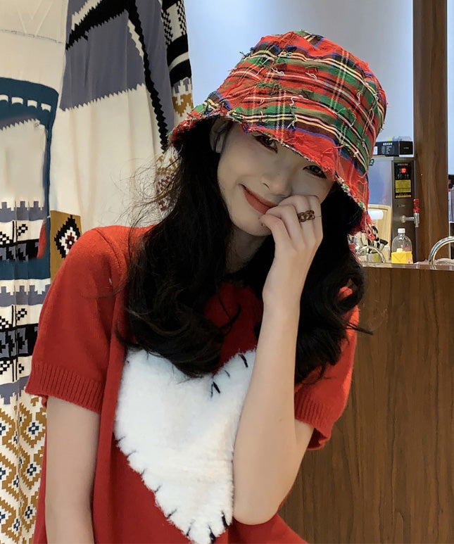 Casual Red Striped Patchwork Cotton Cloche Hat