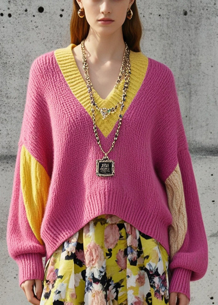 Casual Rose Oversized Patchwork Warm Knit Sweaters Fall