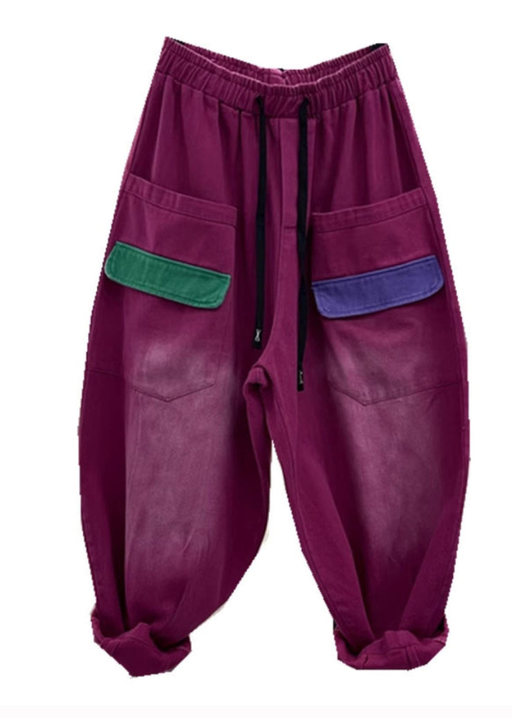 Casual Rose Purple Pockets Elastic Waist Denim Harem Pants Fall