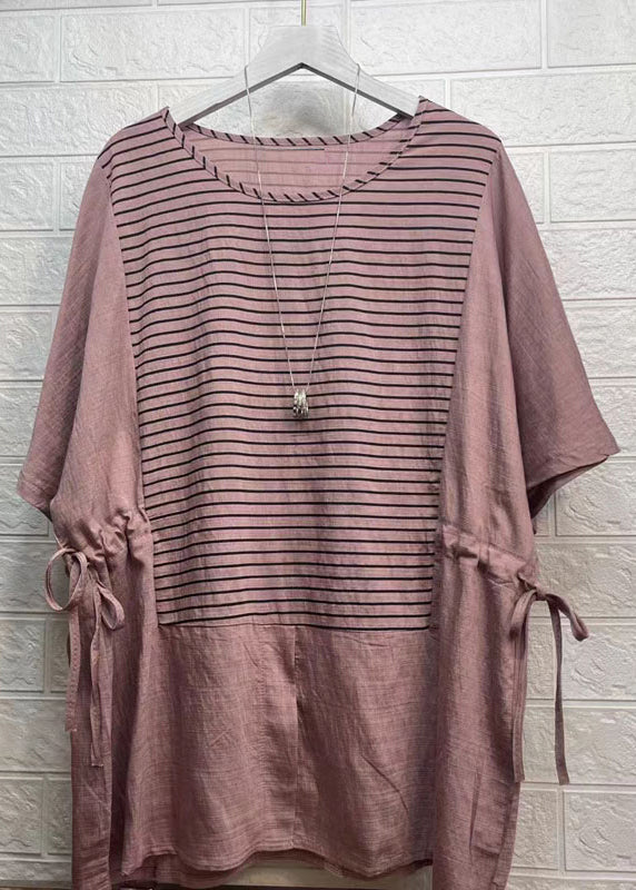 Casual Rubber Red Striped Drawstring Patchwork Cotton Tops Summer