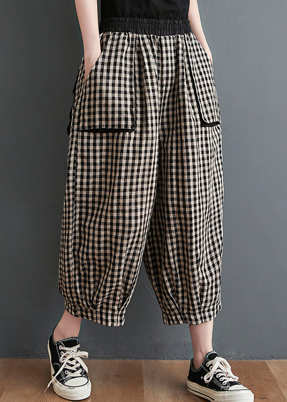 Casual Small Plaid Pockets Elastic Waist Cotton Crop Pants Summer