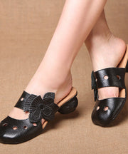 Casual Splicing Hollow Out Chunky Black Cowhide Leather Slide Sandals