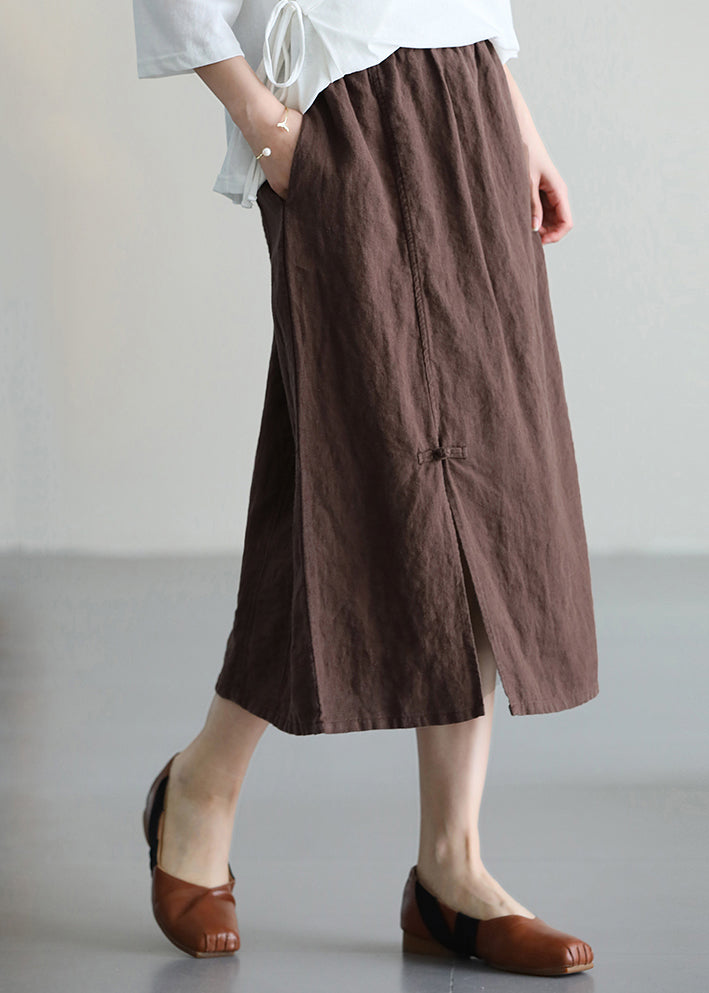 Casual Versatile Coffee Chinese Button Linen Skirt Summer