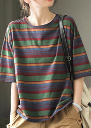 Casual Versatile Red O Neck Striped Cotton T Shirts Summer