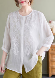 Casual White Embroideried Oversized Linen Shirt Summer