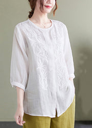 Casual White Embroideried Oversized Linen Shirt Summer