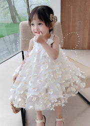 Casual White Floral Decorated Patchwork Tulle Baby Girls Dress Summer