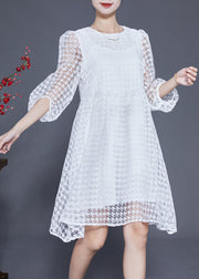 Casual White Hollow Out Exra Large Hem Tulle Maxi Dress Puff Sleeve