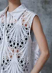 Casual White Hollow Out Lace Cardigan Sleeveless