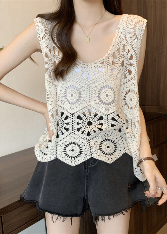 Casual White Hollow Out Oversized Knit Vests Summer