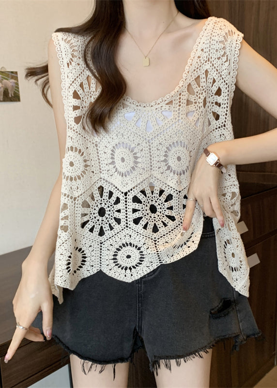 Casual White Hollow Out Oversized Knit Vests Summer