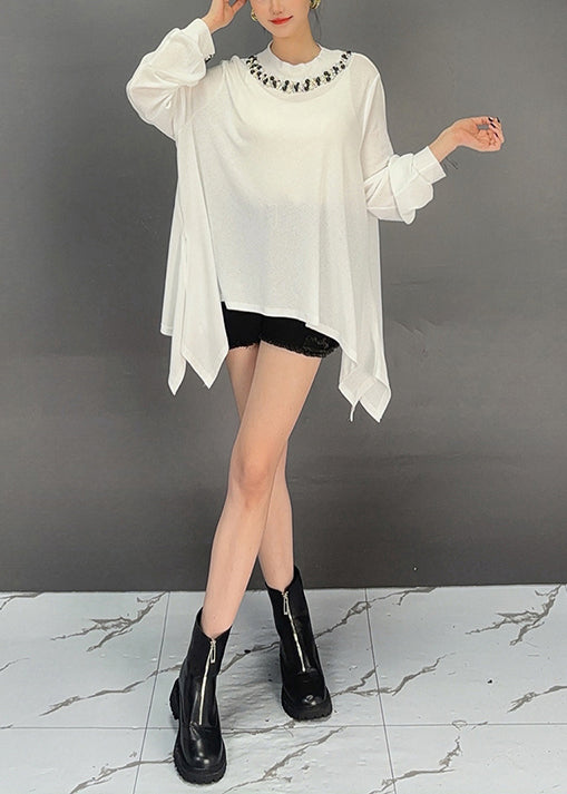 Casual White O-Neck Asymmetrical Cotton T Shirt Top Fall