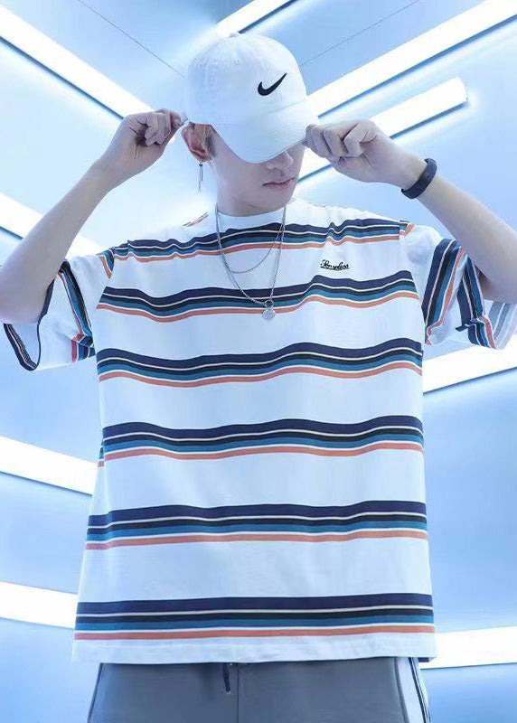 Casual White O Neck Striped Cotton Mens Tshirt Summer