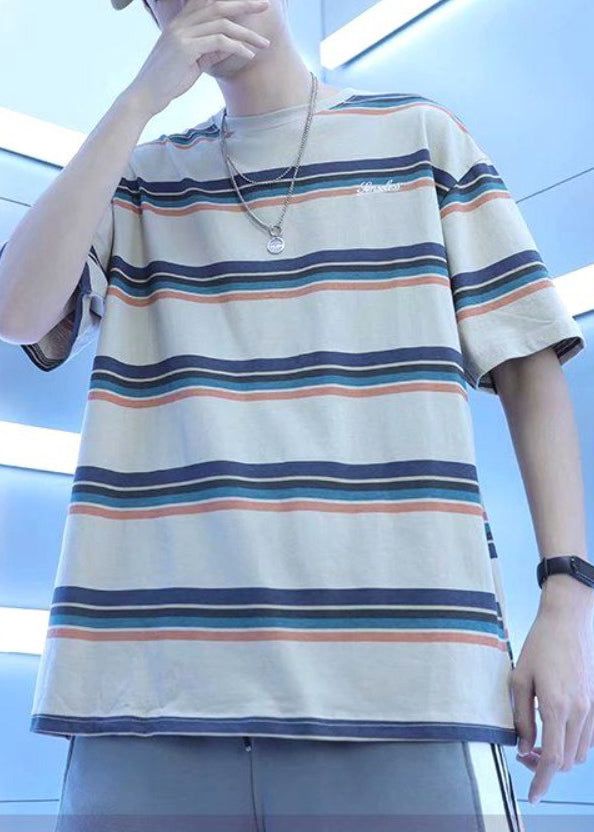 Casual White O Neck Striped Cotton Mens Tshirt Summer