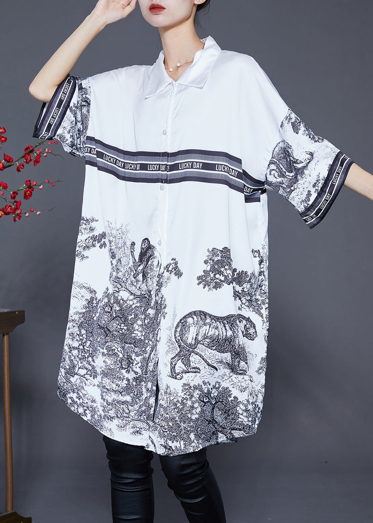 Casual White Oversized Print Ice Silk Shirt Dress Summer