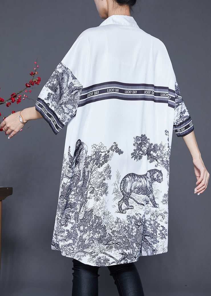 Casual White Oversized Print Ice Silk Shirt Dress Summer