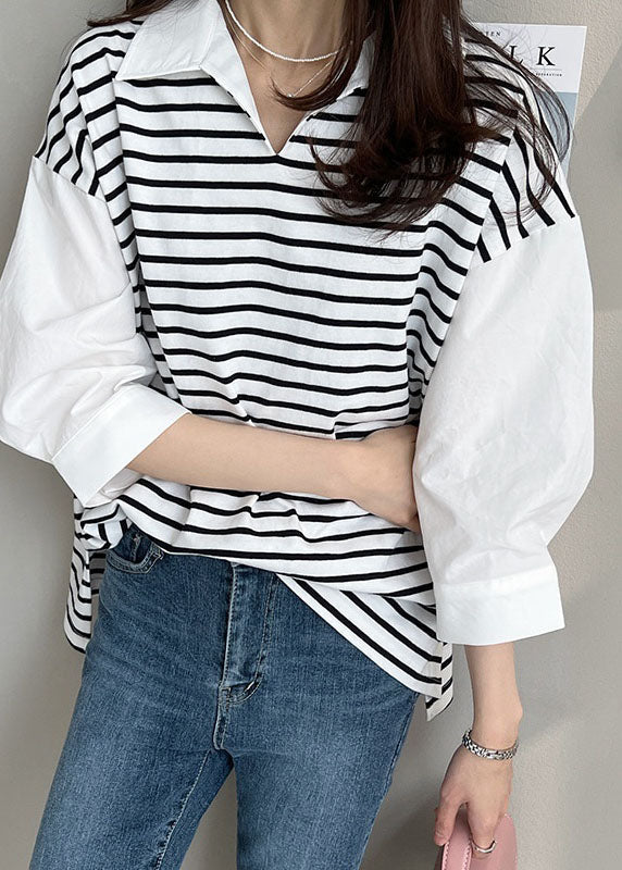 Casual White Peter Pan Collar Patchwork Striped Cotton Shirt Tops Half Sleeve