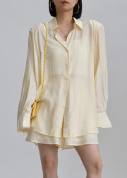 Casual White Peter Pan Collar Shirts And Shorts Two Pieces Set Long Sleeve