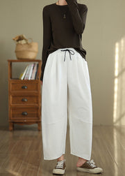 Casual White Pockets Drawstring Cotton Pants Fall