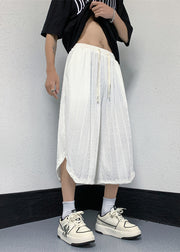 Casual White Pockets Elastic Waist Ice Silk Mens Crop Pants