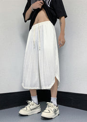 Casual White Pockets Elastic Waist Ice Silk Mens Crop Pants