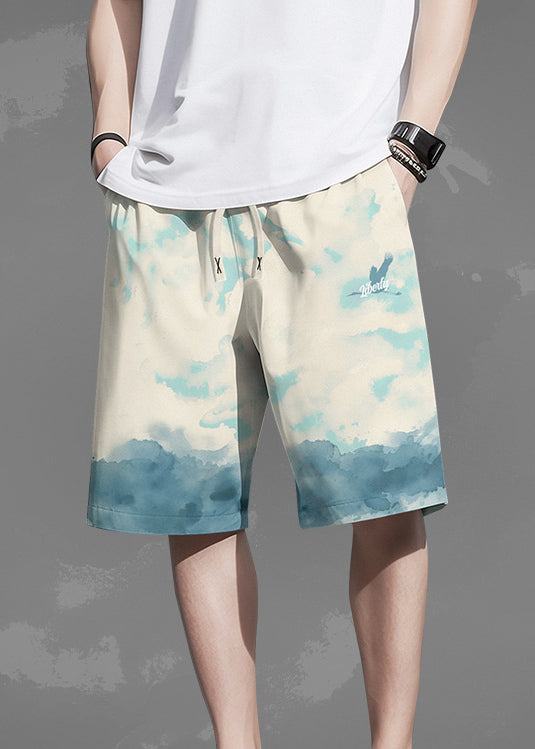 Casual White Print Pockets Elastic Waist Cotton Men Beach Shorts Summer