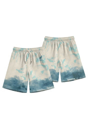 Casual White Print Pockets Elastic Waist Cotton Men Beach Shorts Summer