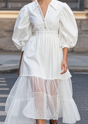 Casual White Puff Sleeve Patchwork Tulle Cotton Party Dress Spring