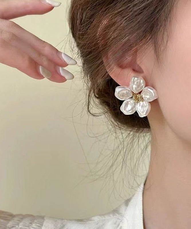 Casual White Sterling Silver Alloy Floral Stud Earrings