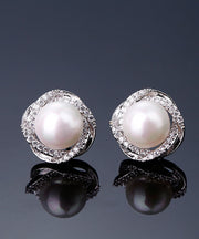 Casual White Sterling Silver Inlaid Zircon Jade Stud Earrings