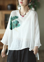 Casual White V Neck Print Linen Shirt Top Batwing Sleeve