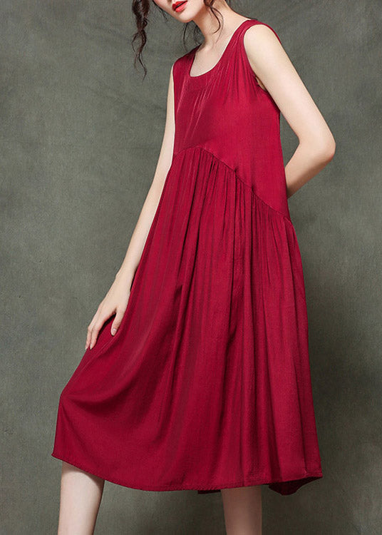 Casual Wine Red-floral2 O-Neck Wrinkled Long Dresses Sleeveless