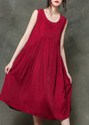 Casual Wine Red-floral1 O-Neck Wrinkled Long Dresses Sleeveless