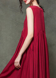 Casual Wine Red-floral patchwork1 O-Neck Wrinkled Long Dresses Sleeveless