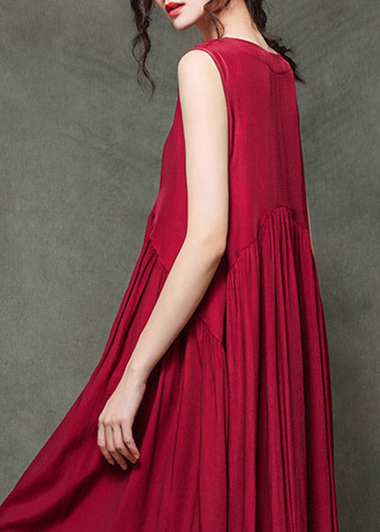 Casual Wine Red O-Neck Wrinkled Long Dresses Sleeveless