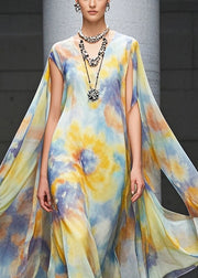 Casual Yellow Asymmetrical Tie Dye Chiffon Beach Dress Summer