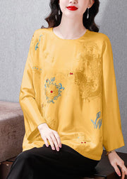 Casual Yellow Embroidered Silk Blouse Tops Spring