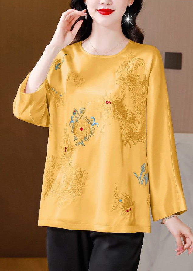 Casual Yellow Embroidered Silk Blouse Tops Spring