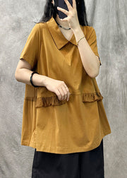 Casual Yellow Green Square Collar Ruffled Patchwork T Shirt Summer