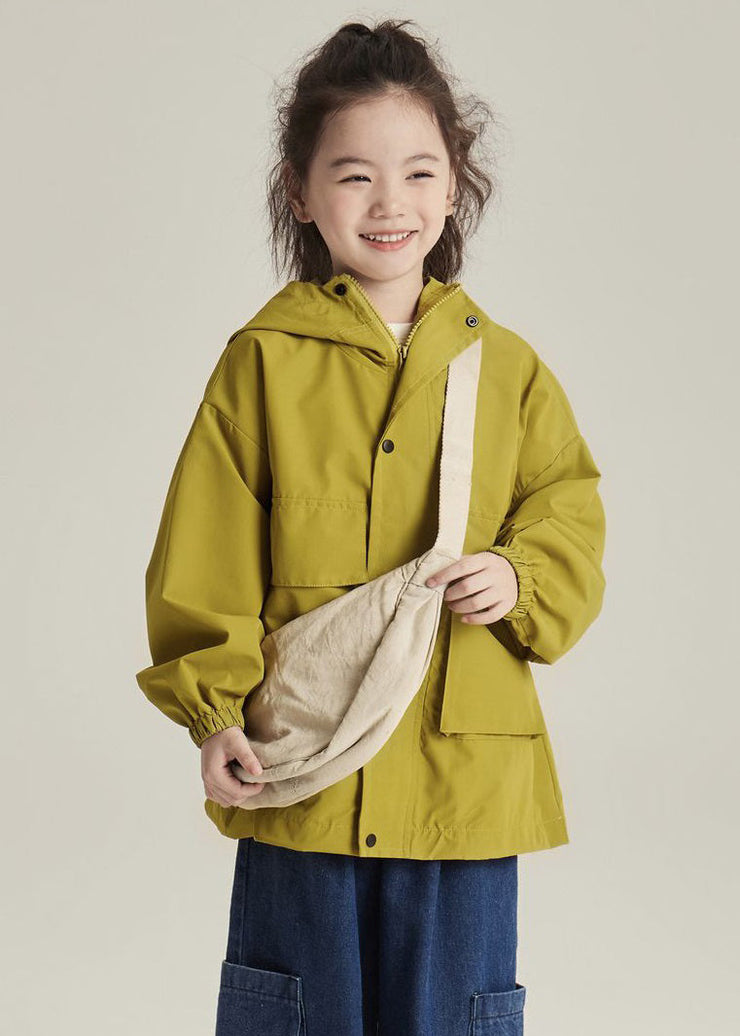 Casual Yellow Hooded Zippered Pockets Cotton Girls Coats Long Sleeve