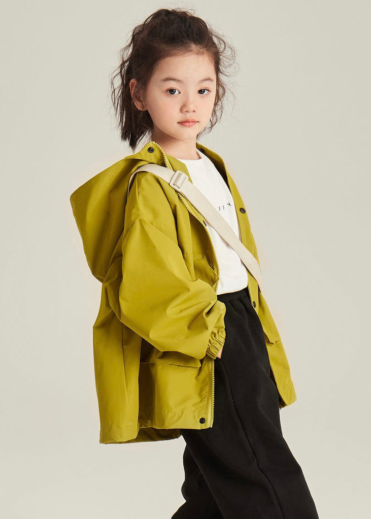 Casual Yellow Hooded Zippered Pockets Cotton Girls Coats Long Sleeve