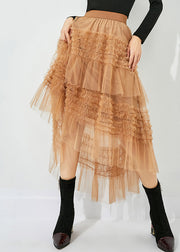 Casual Yellow Low High Design Patchwork Wrinkled Tulle Skirts Summer