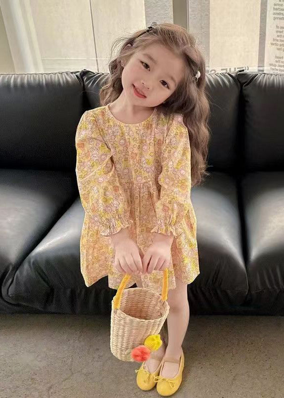 Casual Yellow O-Neck Print Girls Mid Dress Long Sleeve