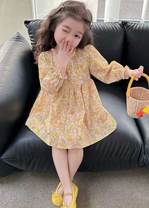 Casual Yellow O-Neck Print Girls Mid Dress Long Sleeve