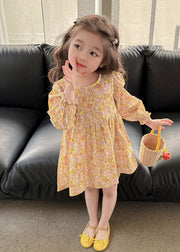 Casual Yellow O-Neck Print Girls Mid Dress Long Sleeve