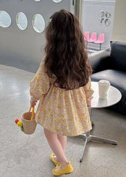 Casual Yellow O-Neck Print Girls Mid Dress Long Sleeve