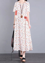 Casual Yellow O Neck Print Patchwork Cotton Long Dresses Summer