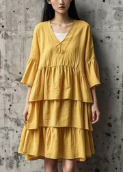 Casual Yellow Oversized Layered Cotton Maxi Dresses Summer