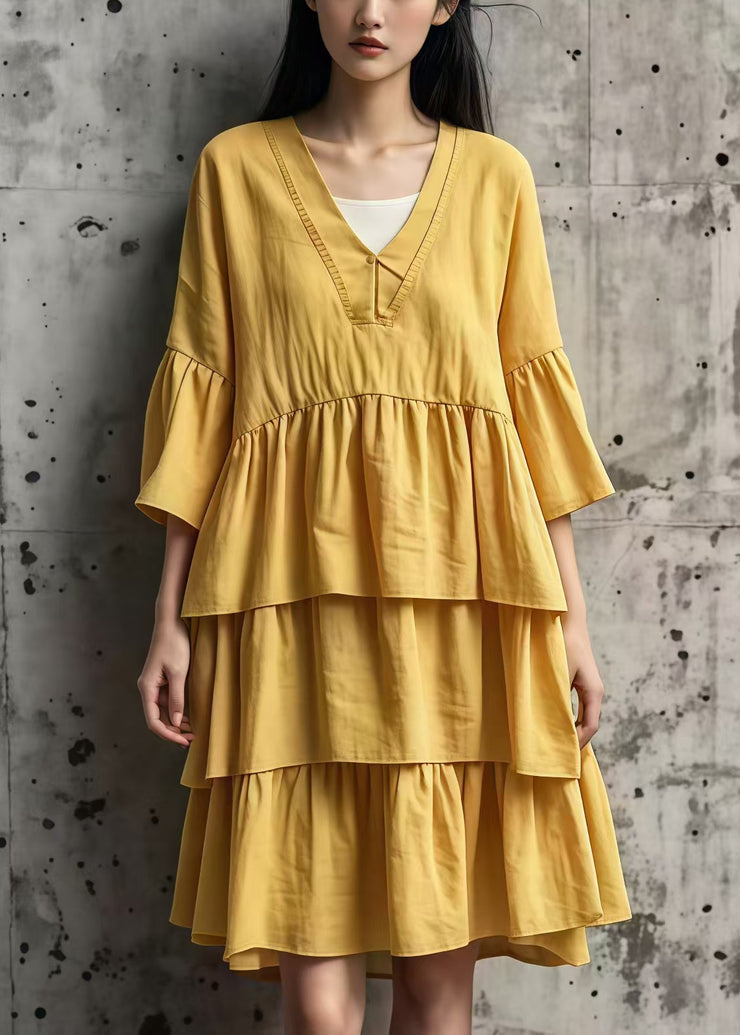 Casual Yellow Oversized Layered Cotton Maxi Dresses Summer